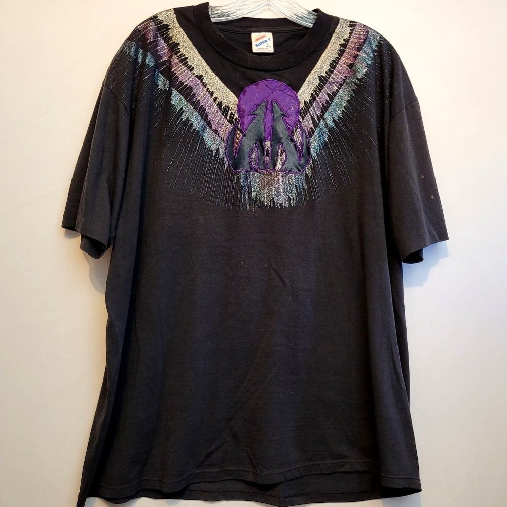 Vintage Southwestern Spin Art Painted Tshirt Coyote Howling At The Moon XL